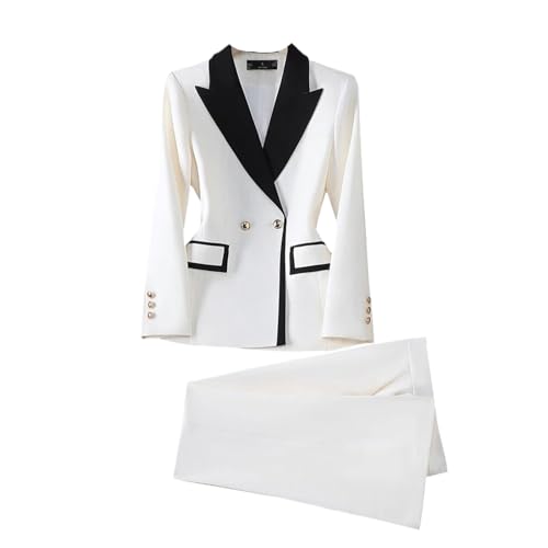 Women Female Workwear Jacket Blazer Trouser Formal 2 Piece Set Beige M
