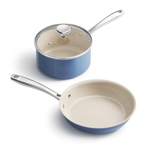 Image of Redchef Saucepan & Frying Pan Set, 8 inch Ceramic Frying pan & 2.5Qt Saucepan with Lid, Cookware Set, Induction Compatible, Nontoxic PTFE PFOA Free, Oven & Dishwasher Safe, Blue