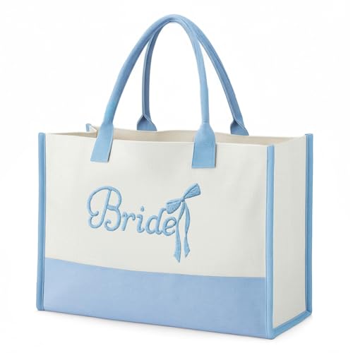 Bolso Tote Bordado para Mujer en Lona Azul y Rosa