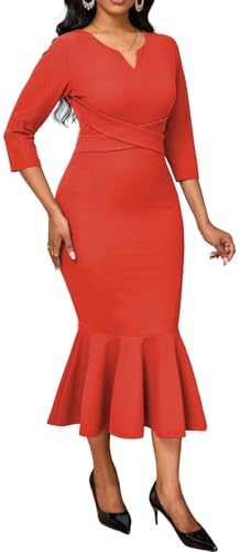 Image of Elegant Dress for Women Sexy V Neck Long Sleeve Bodycon Midi Fishtail Dresses