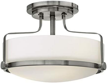 Hinkley Harper 3641BN Medium Semi-Flush Mount Ceiling Light, Sleek, Retro Style, Brushed Nickel and Etched Opal Glass