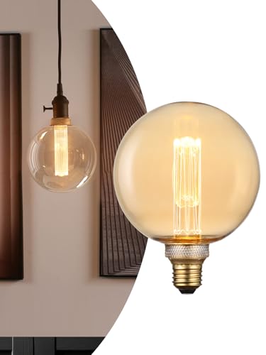 ESCENA Artist Series LED Globe Decorative Light Bulb 3.5W, G125 Round Edison Bulbs Dimmable, Virtual Filament Vintage Edison Bulb, Amber, E26 Medium Base, 2000K Soft Warm, UL Listed