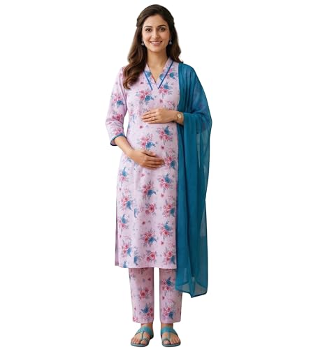Image of DUMMY SHAPE Maternity Dresses for Women Cotton | Floral Kurta Pant Dupatta Set with Nursing Zippers, Side Pocket | Pre & Post Pregnancy | Feeding Kurti Suit | Baby Shower | Gifts for Pregnant Woman