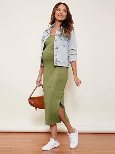 Romwe Women's Maternity Rib Knit Split Side Sleeveless Bodycon Tank Pencil Dress Army Green M #TOP3