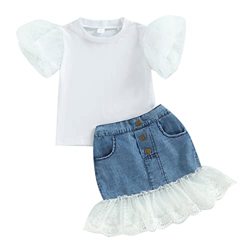 Mainesaka Toddler Baby Girls Smell The Rose T Shirttops + Denim Skirts Clothing Outfit Set (18-24Months,V-White Lace) #TOP2