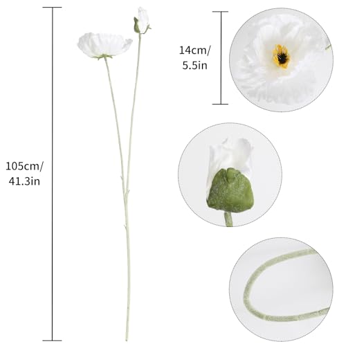 Fqueelvys Poppy Flowers Artificial,6PCS Faux White Poppies 41.3in Long Stem Artificial Flowers for Tall Vase Wedding Party Office Decor(White)