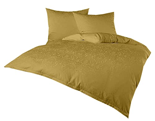 Bettwaesche-mit-Stil Mako Satin Damast Bettwäsche Ornament Garnitur 100% Baumwolle 200x220 + 2X 80x80, Gold Cover