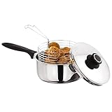 20cm Deep Fat Fryer Induction Chip Pan with Lid & Basket, 3pcs Stainless Steel Saucepan Set, Strong Wire Mesh Basket for Kitchen Cooking Crispy Chips & Fries Pot