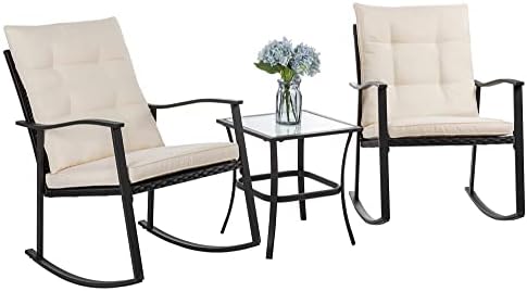 Shintenchi Outdoor 3-Piece Rocking Bistro Set,Wicker Patio Furniture Porch Chairs Conversation Sets with Glass Coffee (Beige Cushion) Shintenchi Outdoor 3-Piece Rocking Bistro Set,Wicker Patio Furniture Porch Chairs Conversation Sets with Glass Coffee (Beige Cushion)