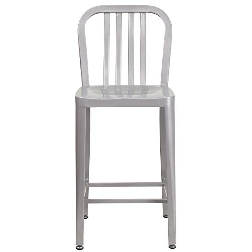 Flash Furniture Commercial Grade 24" High Silver Metal Indoor-Outdoor Counter Height Stool With Vertical Slat Back #TOP7