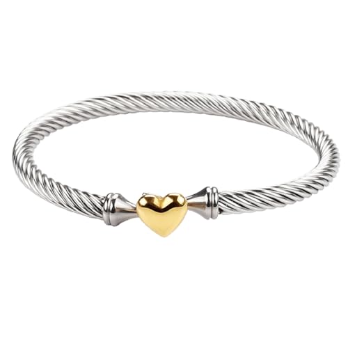 Adjustable Twist Stainless Steel Cable Wire 14K Gold Plated Love Heart Charm Bracelets Friendship Open Bangle Wrist Cuff for Women Men