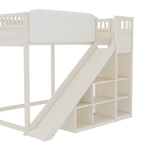 Image of Bellemave Bunk beds Queen Over Queen with Slide and Stair and upholstered Board, Low bunk /loft Bed for Kids,Beige