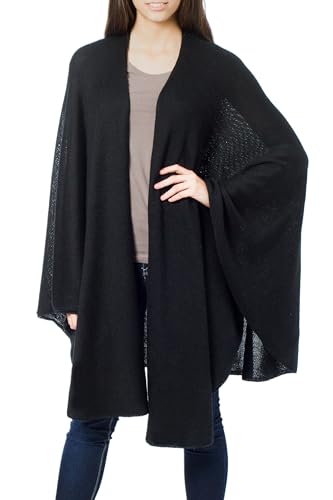 NOVICA Artisan Handmade Alpaca Blend wrap Wool Solid Black Ruana Acrylic Clothing Wraps ruanas Peru ' Bold Black'