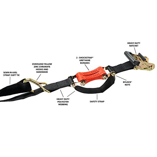 9' X 2" Shockstrap (2 Pk), Ratchet Tie-Down Strap With Built-In Shock Absorbing Bungees, 2" Wide Black Polyester, Over-Sized Double Wire Hooks, 6000Lb Break Strength, Safety Strap, Axle Strap, Softtie #TOP4