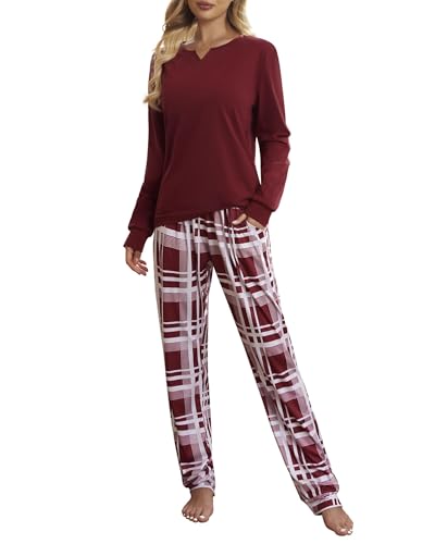 ZOEREA Pijamas Mujer Invierno de Algodón Conjunto de Pijama Manga Larga Ropa de Dormir para Mujer 2 Piezas con Bolsillo Suave para el Hogar Rosa, M