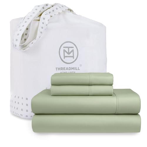 Threadmill Cotton Queen Sheet Set | 100% Cotton Sheets for Queen Size Bed | Solid Sateen Queen Bed Sheets Set with 16” Deep Pocket | Soft Breathable 4-Piece Cooling Bedding Sheet Set | Sage Green