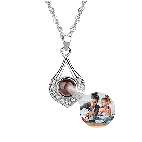 Personalized Picture Projection Necklace for Women - Custom Photo Cute Round Pendant with Rhinestone - Customized Portrait Jewelry - Birthday Anniversary Memorial Gifts for Her