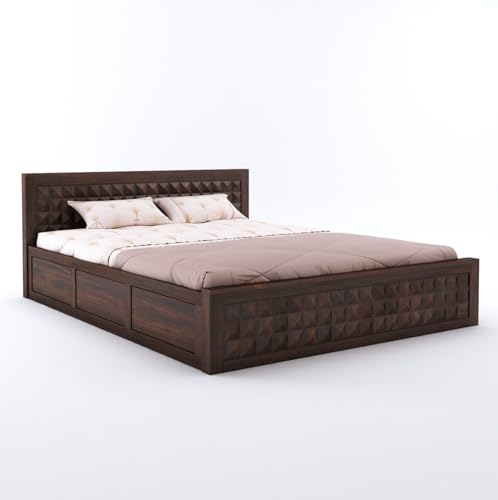 Image of Sheesham Wood Queen Size Bed with Hydraulic Box Storage and Headboard | Durable Wooden Double Bed Cot Palang Furniture for Bedroom, Living Room, Guest Room, Hotel and Home (Walnut Finish)