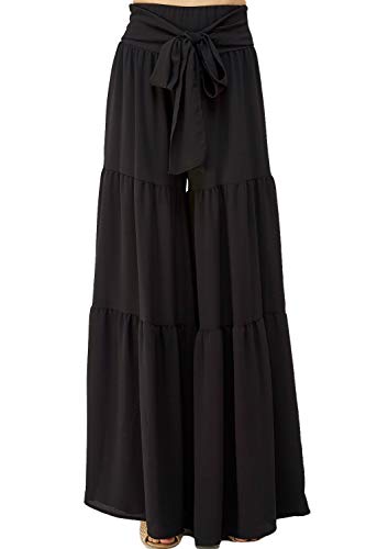 Olive Leaf Woman's Palazzo Pants - Casual Wide Leg High Waisted Solid Tiered Comfy Lounge Long Trousers with Waist Tie (Black P6479, M) Olive Leaf Woman's Palazzo Pants - Casual Wide Leg High Waisted Solid Tiered Comfy Lounge Long Trousers with Waist Tie (Black P6479, M)