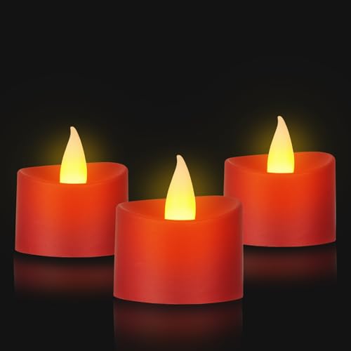 Image of Realistic Flameless LED Tea Lights - 12 Pack Festive LED Candles for Christmas, Valentine's Day & Wedding Decor, Realistic Flicker Votives (Red Base, 12 Pack)