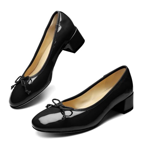 Mary Jane Shoes Women Leather Round Toe Chunky Mid Heel Pumps Ballet Shoes with Bow Tie Closed Toe Comfort Work Casual Ballerina Shoes