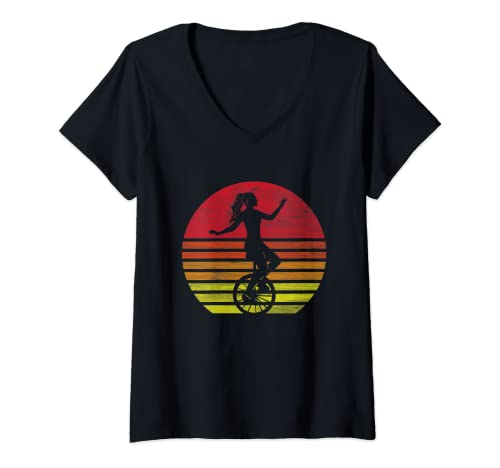 Damen Retro Einrad Mädchen Silhouette T-Shirt mit V-Ausschnitt