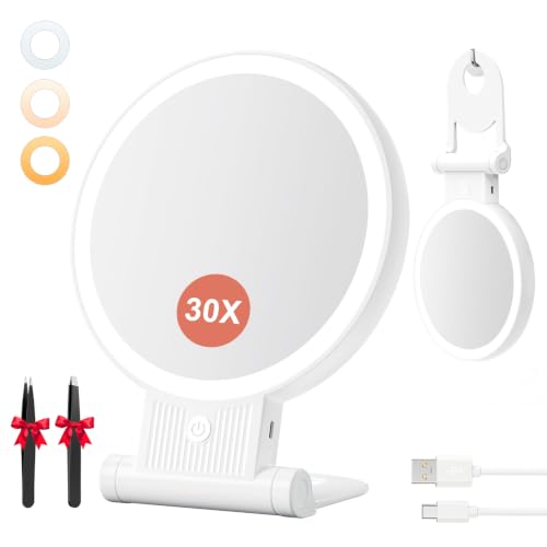 Auxmir Espejo Maquillaje con Luz 1X/30X Aumento Recargable y Colgable Pared | Doble Cara, 72 LEDs 3 Colores y Brillo Regulable, 2000mAh, Mango Plegable, Compacto para Mesa y Viaje, con USB-C, Blanco