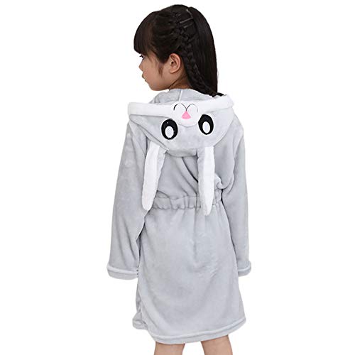 Kids Hooded Robe Fleece Bathrobe Rabbit Bunny for Boys Girls Soft Flannel Gray L