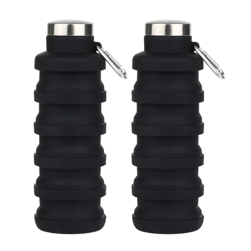 Collapsible Water Bottles,16oz Capacity Portable Reusable Silicone Water Bottle,Leak-proof,with buckle,foldable storage,Lightweight Durable for Fitness,Cycling,Sports,Camping,Hiking (Black+Black)