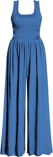 AGUCEG Damen Sommer Jumpsuit Quadratischer Ausschnitt Ärmellos Overall Weites Bein Romper Mit Taschen Elegant Casual Ein...