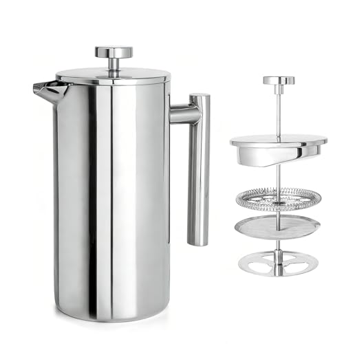 Image of French Press Coffee Maker 27OZ : 304 Grade Stainless Steel Double Walled Insulated Coffee Press with Filter - Heat Resistant Coffee Maker Brewwing tea for Kitchen Travel Office Outdoor Camping