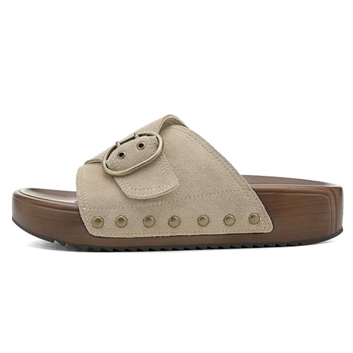 Image of UBFEN Womens Platform Slide Sandals | Real Leather,Buckle Sandals with Cushioned Flatform Footbed,Comfortable for Walking,Arch Support,Casual Styling
