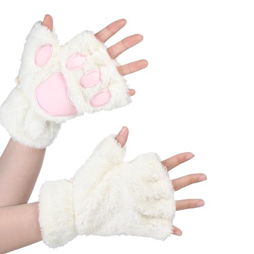 Tweruna 1 Pair Fingerless Cat Paw Gloves, White Furry Cat Gloves for Women, Cute Mittens Cats Hand Gear for Halloween Cosplay Costume Accessories