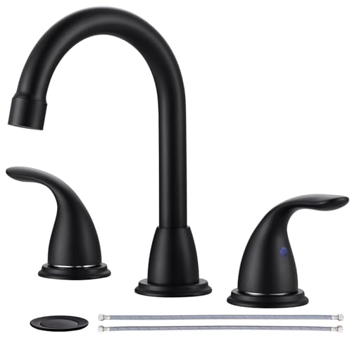 Black Bathroom Sink Faucet 3 Hole,8 Inch Widespread Matte Black Bathroom Faucet with Pop-up Drain and 2 Supply Hoses,Swivel Spout 2 Handle Lead-Free Bath Faucet for Restroom Vanity Camper RV