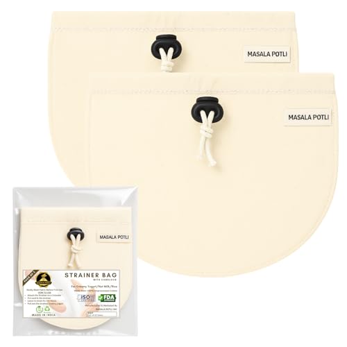 Masala Potli Multipurpose Strainer Bag (Pack of 2) | 100% Cotton Yogurt Maker, Nut Milk, Cold Brew Coffee, Sprouts & Juice Filter | Hung Curd Cloth & Cheesecloth | Washable, Reusable & Eco-Friendly