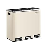 SONGMICS Kitchen Bin, 3 x 18 L Recycling Bin, 3 Compartment Rubbish Bin for Recycling, Waste, Food Scraps, 15 Liners Included, Soft-Close Lids, Pedals, Inner Buckets, Steel, Sand Beige LTB054A02