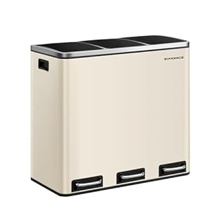 SONGMICS Kitchen Bin, 3 x 18 L Recycling Bin, 3 Compartment Rubbish Bin for Recycling, Waste, Food Scraps, 15 Liners Included, Soft-Close Lids, Pedals, Inner Buckets, Steel, Sand Beige LTB054A02