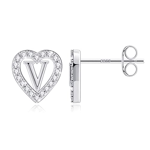 Image of Anoup Heart Initial Earrings for Girls Gifts - S925 Sterling Silver Post CZ Hypoallergenic Stud Initial Earrings for Women Teen Girls Birthday Gifts for Kids Jewelry