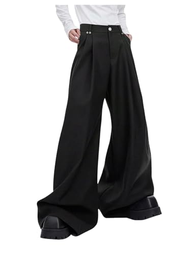 Men's Baggy Dress Pants Pleated Fly Wide Leg Pants Business Casual Suit Zipper Long Trousers with Pocket