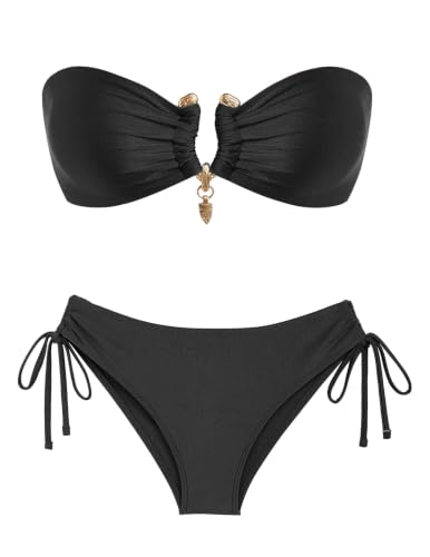 seamoly Bikinis for Curvy Women Sleeveless Metal Ring Sexy Tube Swimsuit High Leg Summer Beach Swimwear Black X-Large