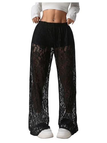 SOLY HUX Women's Lace Sheer Wide Leg Pants Elastic Waist See Through Party Trousers