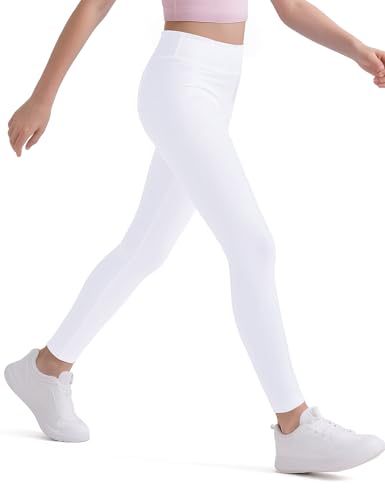 HASMES Girls Athletic Leggings High Waisted Comfort Soft Elastic Yoga Dance Running Pants with Pockets Activewear White