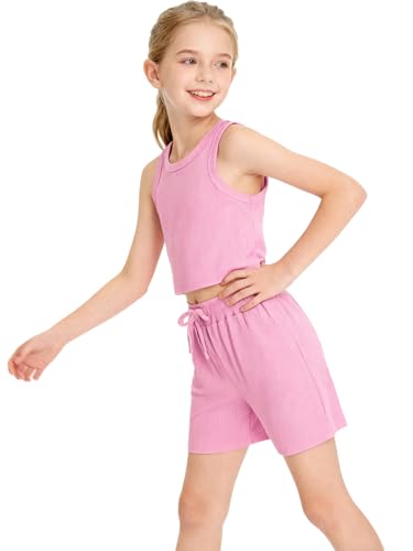 Image of NEW 6-14Y Tween Girls Stretchy Rib Knit Outfit Rayon Tank & Shorts Set Casual Lounge Playwear