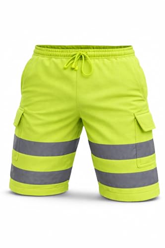 NFK TEXTILE Hi Vis Reflective Cargo Work Shorts for Men – High Visibility Safety Workwear, Soft Fleece, Multi Pocket Shorts with Elastic Waist & Drawstring (L, Yellow)