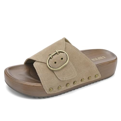 Image of UBFEN Womens Slides Platform Sandals - Genuine Leather, Arch Support Comfortable Buckle Sandals for Walking