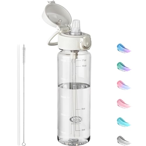 Image of GOPPUS 500ML/17OZ Clear Tritan Water Bottle with Straw Transparent Childrens Drinks Bottle with Carrying Handle See Through Measured Bottles with Flip Top Lid Leakproof Adults Water Bottles BPA Free