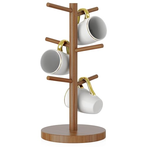 Wisuce Bamboo Coffee Mug Holder Tree, Thicker Base Coffee Cup Holder Stand for Counter, Countertop Mug Rack Organizer with 6 Hooks (Brown