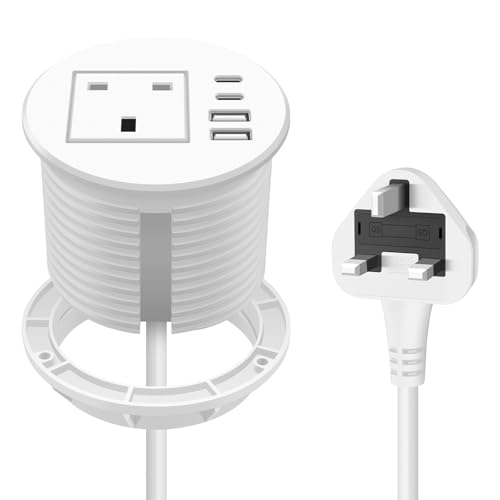 Recessed Power Socket with 1 UK Plug, 20W Fast Charging USB-C Port, Desk Power Grommet 80mm, Seamless Flush Mount - Make Your Desktop Tidier, Workspace Essential Desk Socket (White)
