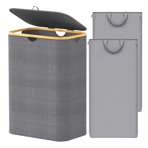 SpaceAid Double Laundry Hamper 2 Section with Lid and Removable Laundry Bags, 160L Clothes Basket with Bamboo Handles, Large Collapsible Hamper for Bedroom, Bathroom, Dorm, Laundry Room - Grey