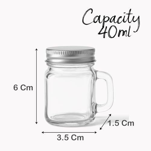 Image of STORE 2508 Mini Glass Espresso Shot Jars with Handle & Metal Lid - 40ml Capacity | Leakproof Mini Mason Jars for Espresso Shots Wellness Shots Candle Making Party Favors Spices Crafts (Pack of 12)